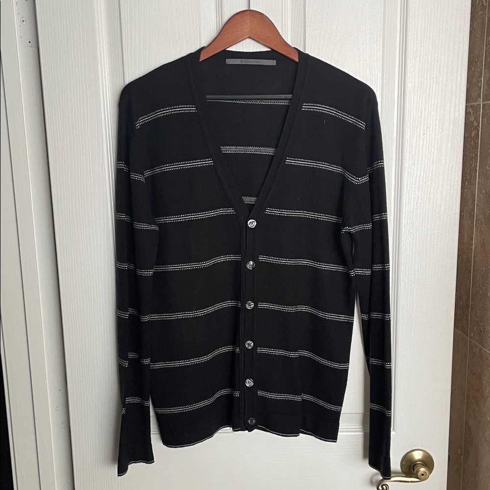 WOOL & CO. Vintage Black with White striped Cardigan Sweater.
